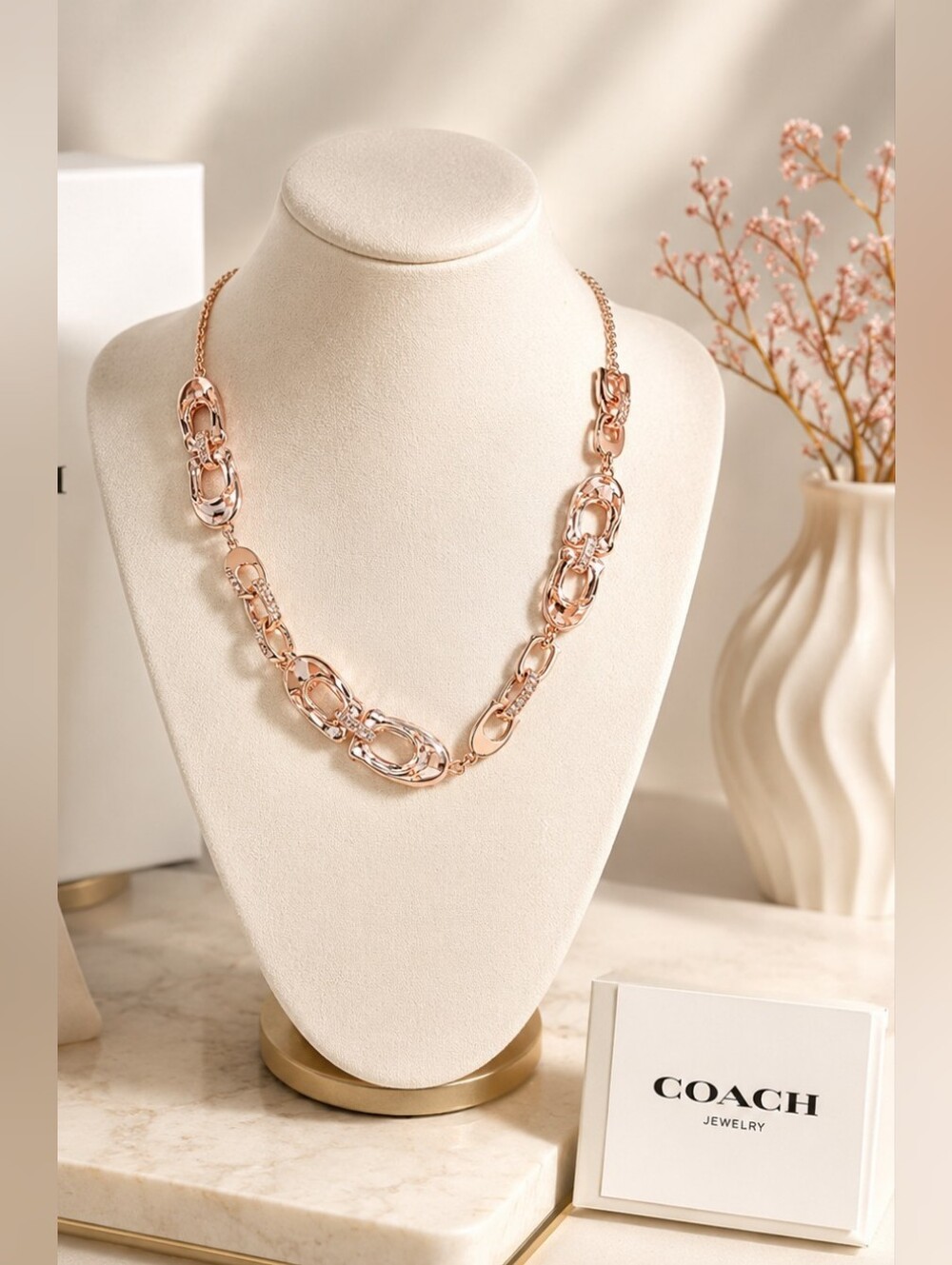 COACH Faceted Crystal Signature Link Slider Necklace In Rose Gold